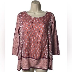Lucky Brand Women’s Pink Floral Top Split Tail Back Cotton Blend SZ Large